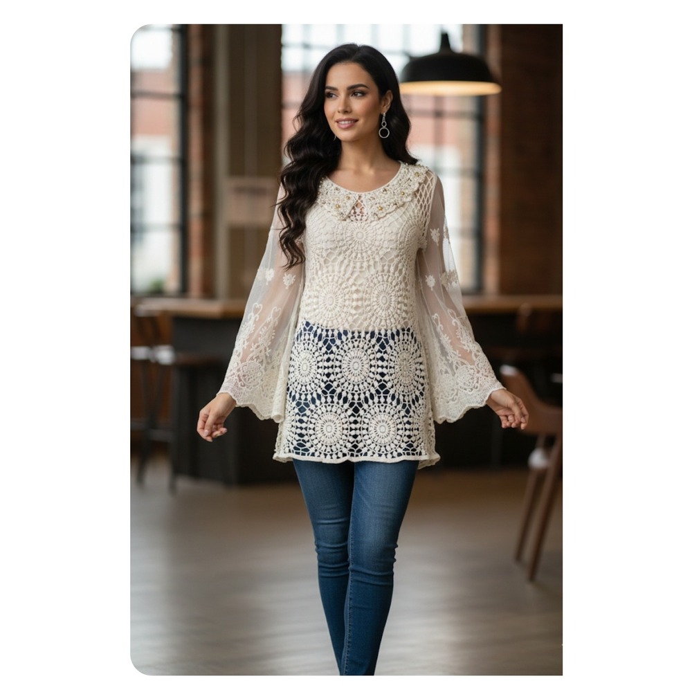Origami Crochet Lace vintage y2k‎ Bell Sleeve Tunic Top Ivory Beaded Collar